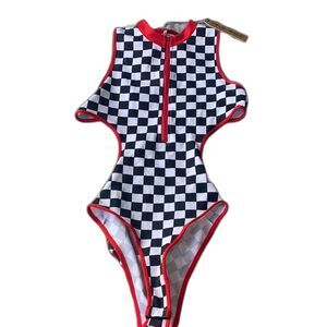 NWT True Rock Bodysuit One-piece Swimsuit Rave Body Suit Checkered Black White